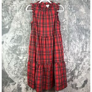 J Crew Tiered Red Tartan Plaid Ruffle Midi Dress Size 6 Petite Festive Holidays